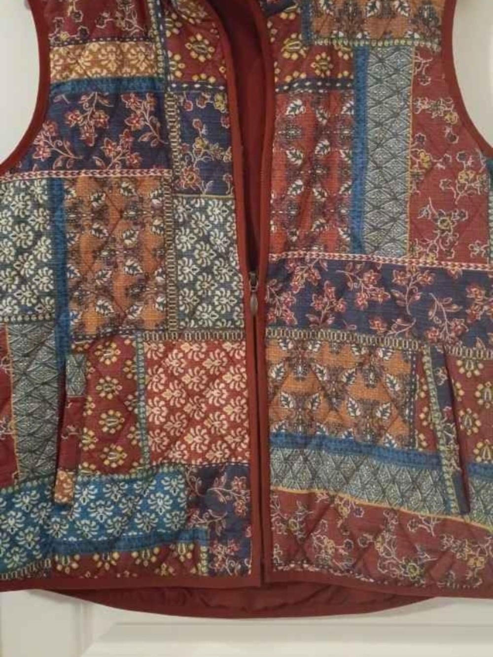 Coldwater Creek Patchwork Quilted Vest in Rust and Blue